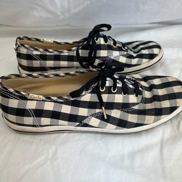 Kate Spade x Keds black and cream checkered tennis shoes with ribbon laces. - Picture 2 of 10